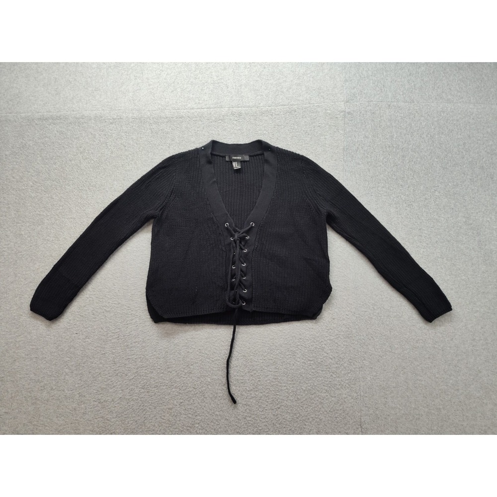 Forever 21‎ Women Sweater M Black Cropped Lace Up Front Tie Ribbed Knit V Neck